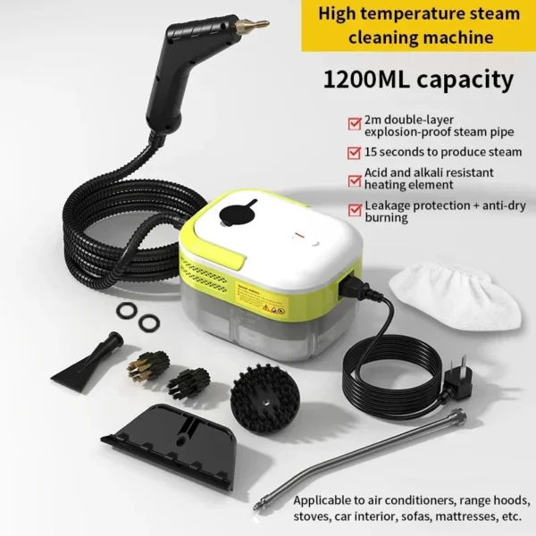 High Pressure Steam Cleaner – 1200ml Large Tank, Portable Handheld Steamer with 3 Brush Heads for Home, Kitchen & Car Cleaning - Image 2